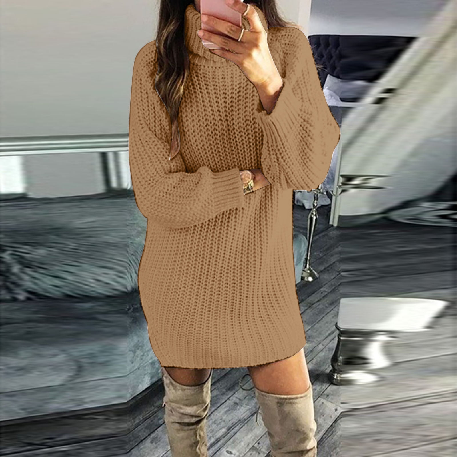 CAICJ98 Sweater Dress For Women Fall Women Casual Crew Neck Knit Plaid  Pullover Sweater Dress Khaki,S - Walmart.com