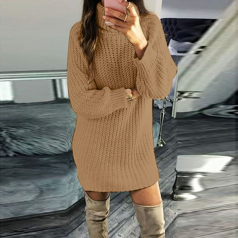 Elegant Solid Slit Weave Turtleneck Long Sleeve Dresses(5 Colors) Elegant Solid Slit Weave Turtleneck Long Sleeve Dresses(5 Colors)