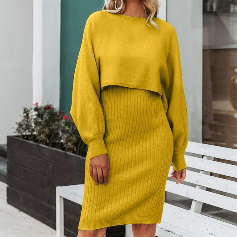 Caicj98 Sweater Dress for Women 2022 Sweater Dresses for Women Crewneck Knee Length Striped Knit Bodycon Oversized Loose Pullover Dress Yellow,One