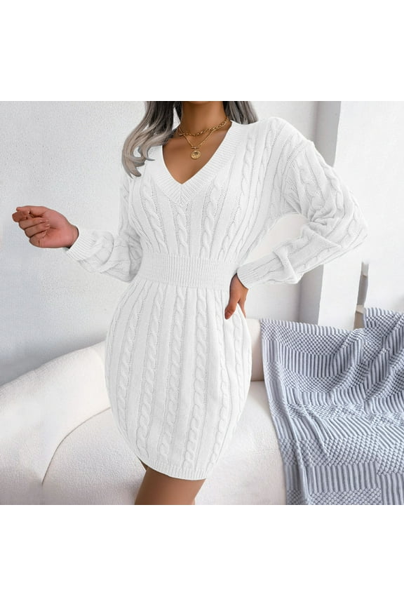 Sweater Dress for Women 2023 Women Polo Neck Long Slim Fitted Dress Bodycon Turtleneck Cable Knit Sweater White,L