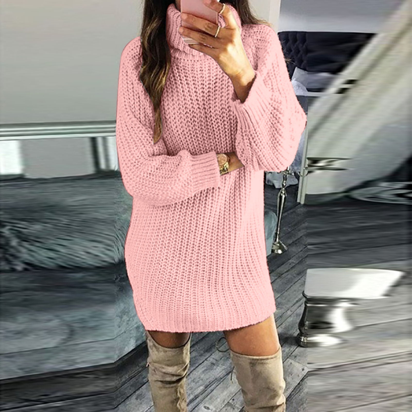 CAICJ98 Sweater Dresses for Women 2023 Sweater Dress for Women Crewneck  Long Sleeve Cable Knit Sweater Dresses Oversized Casual Loose Knit Mini  Dress Pink,XL 