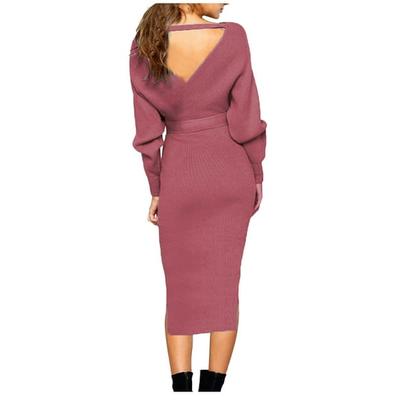 CAICJ98 Sweaters for Women 2023 Women's Elegant V Neck Wrap Knit Dresses Batwing Sleeve Backless Slit Maxi Dress Pink,L