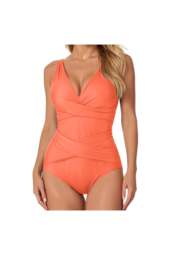 Swimsuit One Piece for Women Metal Modest Tummy Control Bathing Suit Slimming Full Coverage Mesh Swim Suits Orange,M