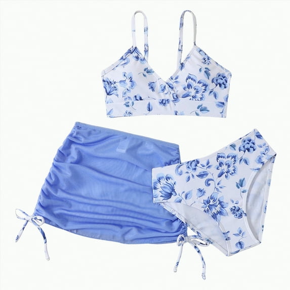 CAICJ98 Swimsuits for Girls 3 Piece Set Floral Print Bikini Bathing Suit with Drawstring Beach Skirt Cute Ruched Girls' Swimweaar (11-12 Years,Blue)