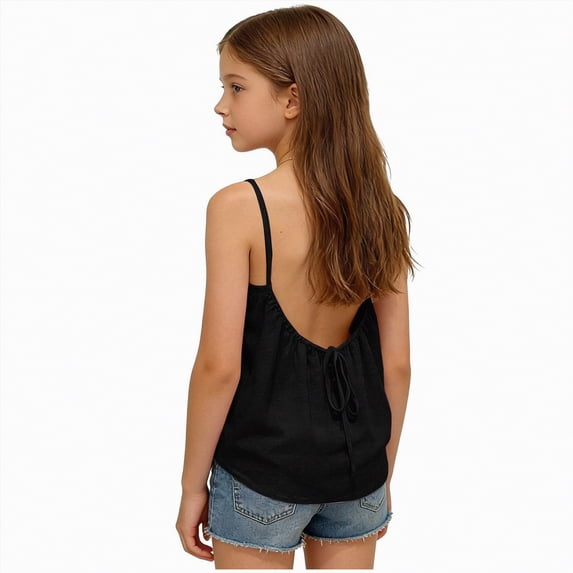 CAICJ98 Tank Top Girls Linen Flowy Spaghetti Strap Summer Sleeveless Backless Cami Back Tie Shirts Tunic Tee Blouses (Black,10-11 Years)