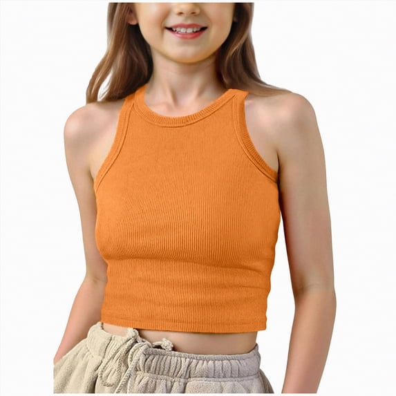 CAICJ98 Tank Top for Girls Athletic Soft Undershirt Sleeveless Shirts Kids Ribbed Knit High Neck Crop Top for Gym Yoga (Orange,13-14 Years)
