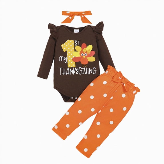 CAICJ98 Thanksgiving Outfits Baby Girl My First Thanksgiving Long Sleeve Romper+Polka Dot Pant+Headband Baby Girl Thanksgiving Clothes Set, Size 9-12 Months