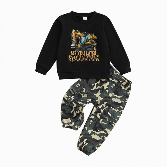 CAICJ98 Toddler Baby Boy 2nd Birthday Outfit Letter Print Long Sleeve Sweatshirt Elastic Camouflage Pants Fall Clothes Set (Yellow,18-24 Months)