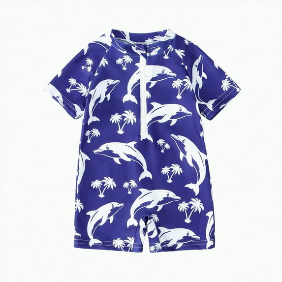 CAICJ98 Toddler Baby Boy Bathing Suit Half Zip Up One Piece Romper Short Sleeve Summer Rashguard Swimsuit (Navy,2-3 Years)