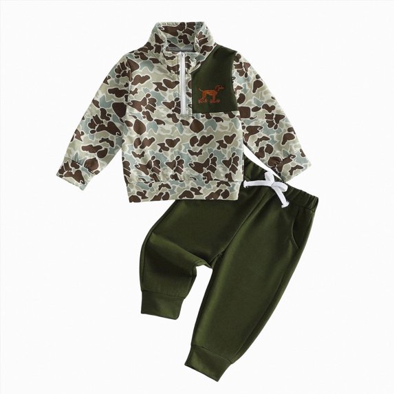 CAICJ98 Toddler Baby Boy Hunting Outfit Duck Half Zip Stand Collar Long Sleeve Sweatshirt Pants Set 2 Fall Camouflage Clothes (Green,12-18 Months)