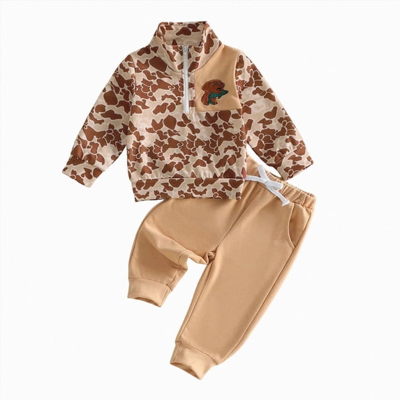 CAICJ98 Toddler Baby Boy Hunting Outfit Duck Half Zip Stand Collar Long Sleeve Sweatshirt Pants Set 2 Fall Camouflage Clothes (Khaki,6-12 Months)