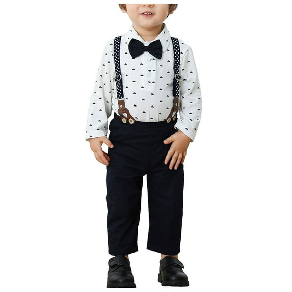 CAICJ98 Toddler Baby Boy Outfits Suits Formal Clothes Sets,Toddler Gentleman Bowtie Dress Shirt+Suspender Pants Wedding outfit sets White,0-3 Months