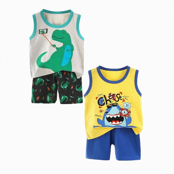CAICJ98 Toddler Baby Boy Summer Clothes 3 6 12 18 24 Months 2T 3T 4T 5T Boys Outfits 4 PCS Sleeveless Dinosaur Print Tank Top+Shorts Set,Size 18-24 Months
