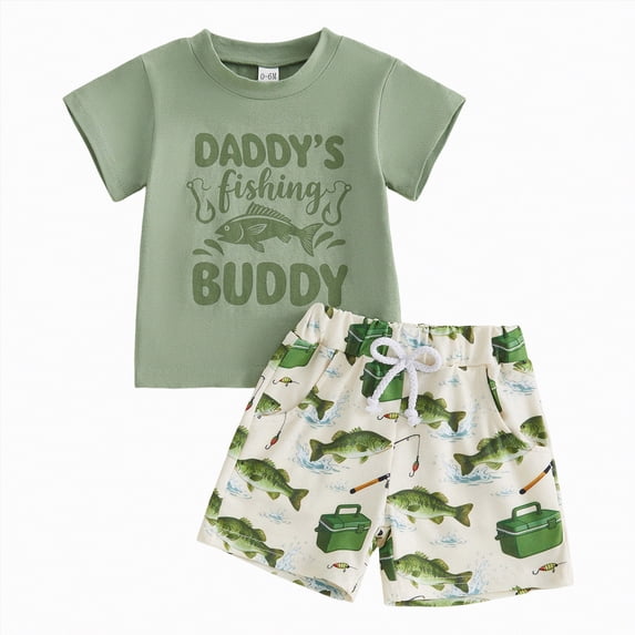 CAICJ98 Toddler Baby Boy Summer Clothes Fishing Outfit Print Crew Neck Short Sleeve Tshirts Tops and Shorts 2 Pcs Set (Green,18-24 Months)