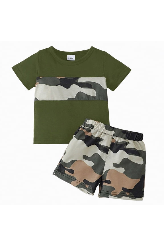 Toddler Baby Boy Summer Clothes Retro Camo Hunting Shirts T-Shirt + Camouflage Shorts Set Infant Outfits (Dark Green,12-18 Months)