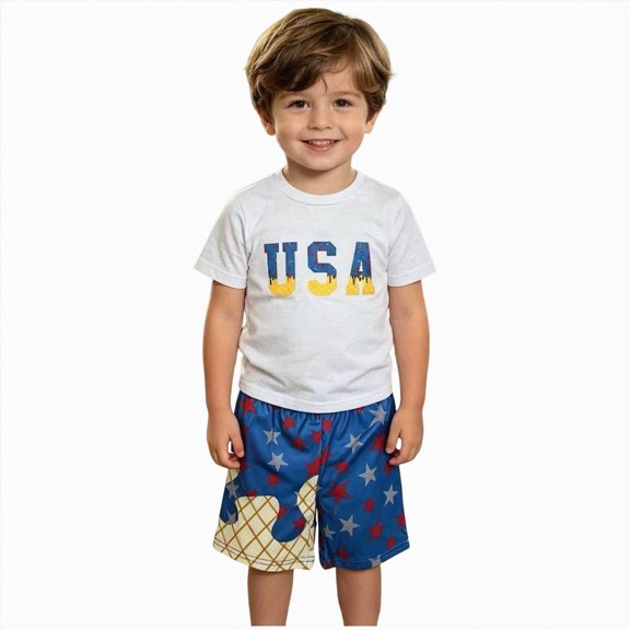 CAICJ98 Toddler Baby Boy Summer Clothes Short Sleeve T Shirt Tops and Elastic Waist Shorts Set Cute Summer Outfit for 4th of July (Blue,12-18 Months)