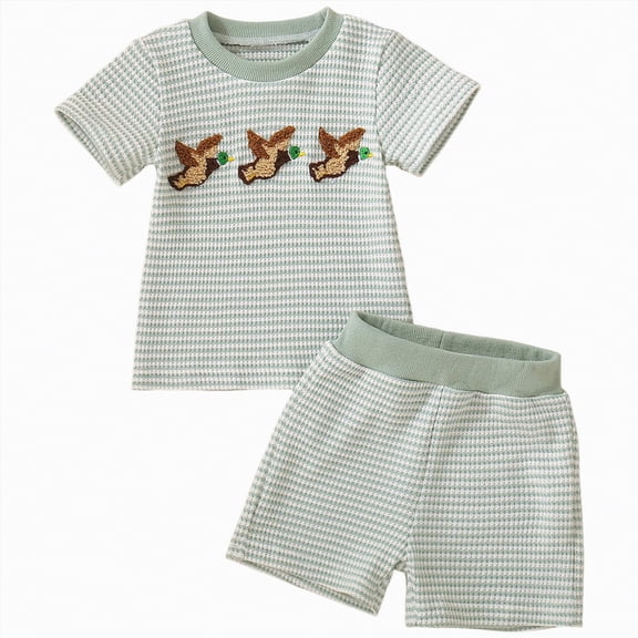 CAICJ98 Toddler Baby Boy Summer Outfits Mallard Duck Embroidery Short Sleeve T-Shirts Shorts Set Cute Baby Duck Clothes (Light Green,12-18 Months)