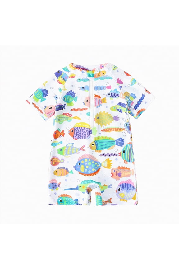 Toddler Baby Boy Swimsuit Infant Rash Guard One Piece Short Sleeve Bathing Suit Zipper Sun Protection Swimwear (White,0-6 Months)