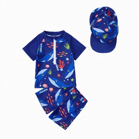 CAICJ98 Toddler Baby Boys 3 Pieces Swimsuit Set Swimwear Zipper Bathing Suit Short Sleeve UPF 50  Rash Guards with Hat (Dark Blue,12-18 Months)