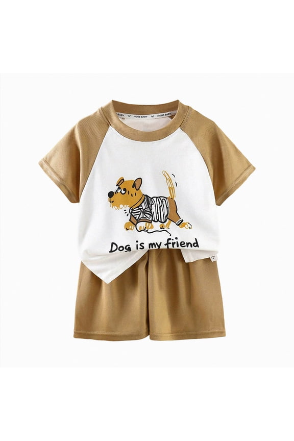 Toddler Baby Boys Clothes 3 6 12 18 24 Months 2T 3T 4T 5T Boys Summer Outfits Letter Print Short Sleeve Tops Elastic Shorts Outfits Set Pajamas Toddler (Khaki,12-18 Months)