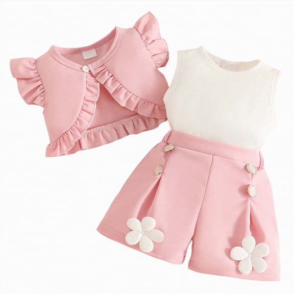 CAICJ98 Toddler Baby Girl 3 Piece Outfits Cute Ruffle Crop Jackets Sleeveless Tank Top Floral Pleated Shorts Spring Summer Clothes Sets (Red,12-18 Months)