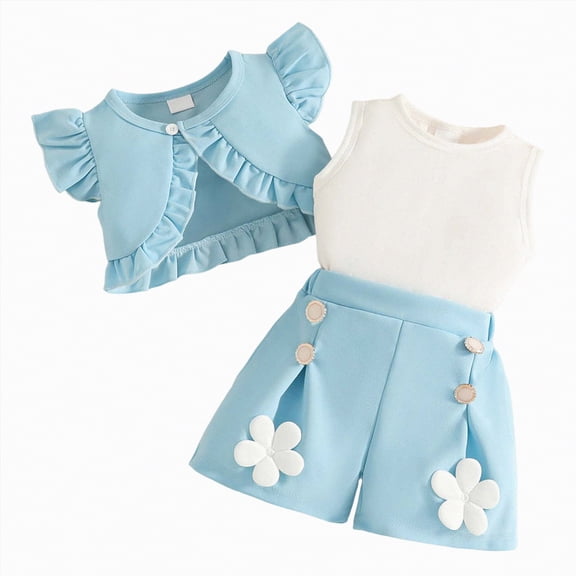 CAICJ98 Toddler Baby Girl 3 Piece Outfits Cute Ruffle Crop Jackets Sleeveless Tank Top Floral Pleated Shorts Spring Summer Clothes Sets (Sky Blue,12-18 Months)