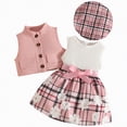 thumbnail image 1 of CAICJ98 Toddler Baby Girl 3 Piece Outfits Cute Sleeveless Collar Crop Jackets Flower Plaid A-Line Dress with Hat Spring Clothes Sets (Pink,9-12 Months), 1 of 6