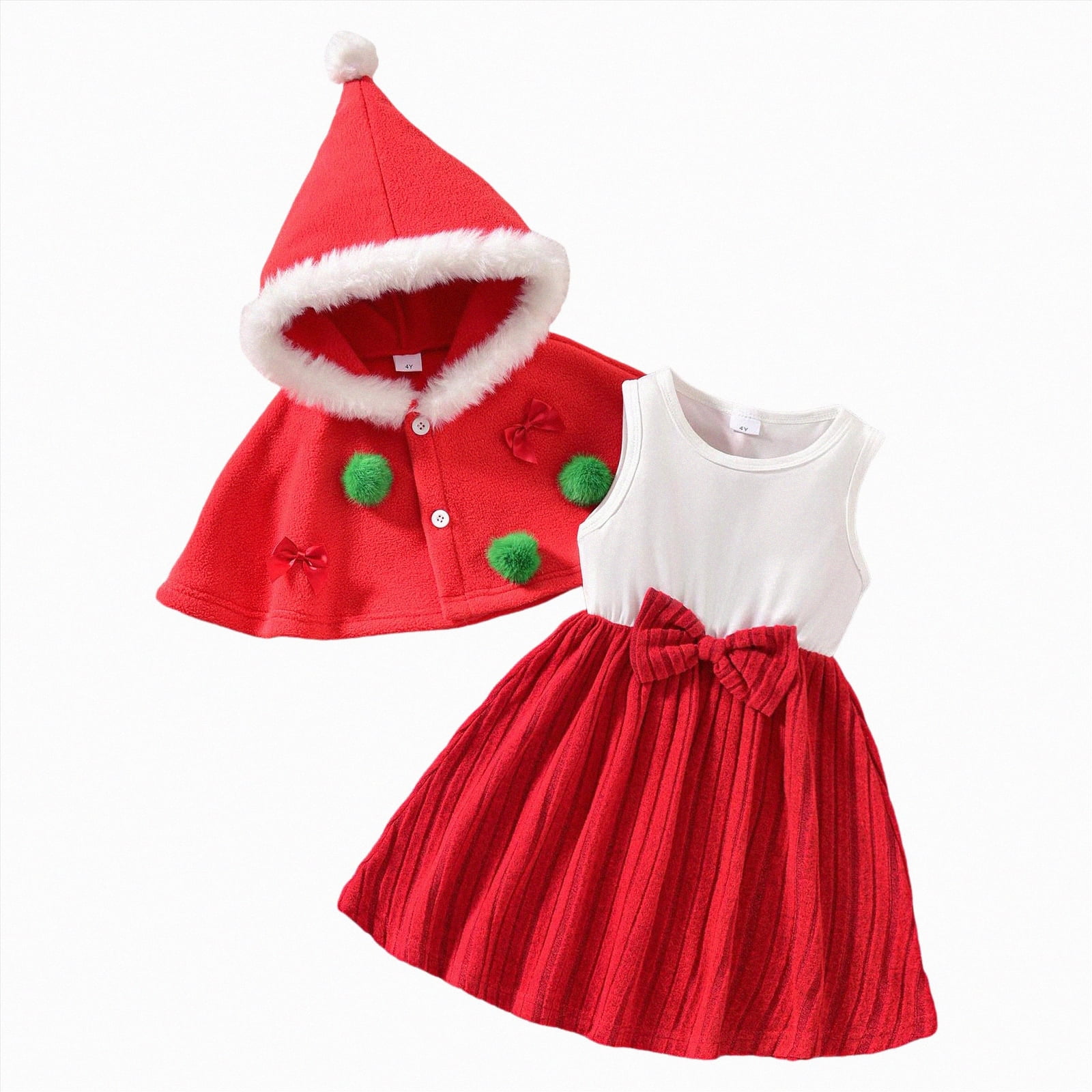 Caicj98 Toddler Baby Girl Christmas Outfit Santa Red Hooded Cape with Plush Trim Sleeveless A Line Tank Dress Set Toddler Baby Girl Christmas Dress (