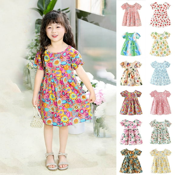 CAICJ98 Toddler Baby Girl Dress Kids Summer Outfit Casual Cartoon Round Neck A-Line Beach Dresses for Little Girls Multicolour,18-24 Months