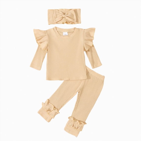 CAICJ98 Toddler Baby Girl Fall Clothes Winter Outfits Solid Color Ribbed Knit Long Sleeve Ruffle Shirts Pants Set 3 6 12 18 24 Months 2T 3T 4T Baby Clothes for Girls (Beige,2-3 Years)