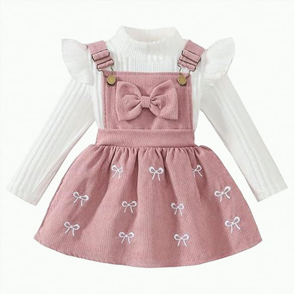 CAICJ98 Toddler Baby Girl Outfits Long Sleeve Ribbed T-Shirt Bow Overall Dresses Suspender Skirt Set Fall Winter Clothes (Red,18-24 Months)