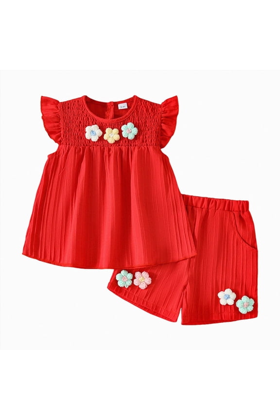 Toddler Baby Girl Summer Clothes Ruffle Sleeve Cartoon T Shirt Linen Short Sets Cute Outfits Toddler Girl Set (Watermelon Red,3-4 Years)