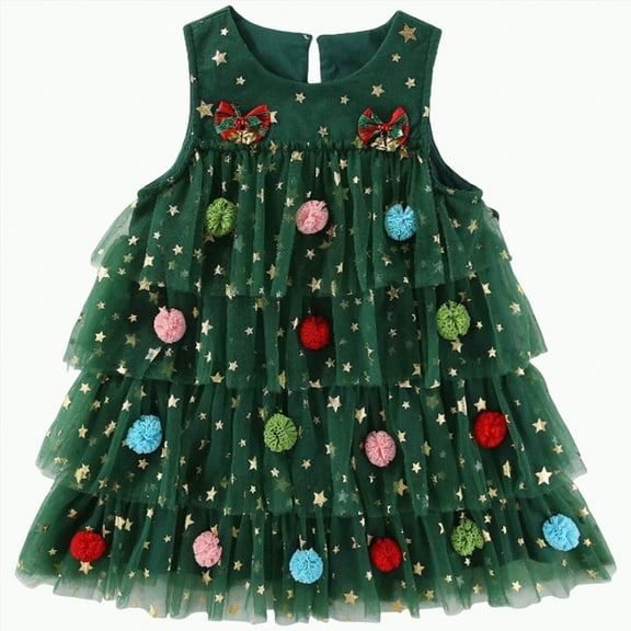 CAICJ98 Toddler Baby Girls Christmas Dress Star Sequin Princess Tulle Tutu Dress Xmas Holiday Party Christmas Toddler Baby Girl Outfit (Green,12-18 Months)