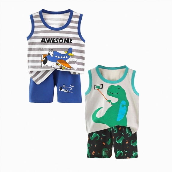 CAICJ98 Toddler Baby Summer Clothes Boy 3 6 12 18 24 Months 2T 3T 4T 5T Boys Outfits 4-piece Sleeveless Shovel Print Tank Tops Casual Elastic Shorts Set,Size 12-18 Months