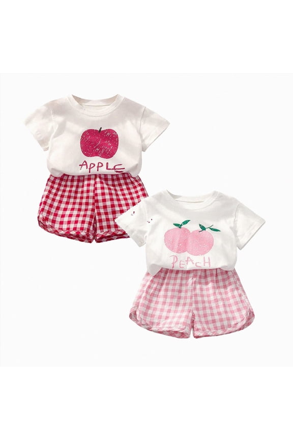 Toddler Baby Summer Clothes Girls 3 6 12 18 24 Months 2T 3T 4T 5T Girls 4 Piece Outfits Short Sleeve Funny Letter T Shirt Top Plaid Short Set,Size 18-24 Months