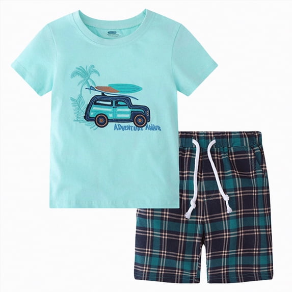 CAICJ98 Toddler Boy Clothes 2T 3T 4T 5T Kids 2-12 Years Boys Short Sleeve T Shirt Tops + Solid Color/Print Drawstring Shorts Set Cute Toddler Boy Outfits (Sky Blue,4-5 Years)