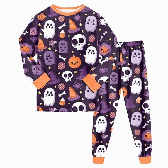 CAICJ98 Toddler Boy Girl Halloween Pajamas Cute Pumpkin Skull Ghost Pjs Set Kids 2 Piece Long Sleeve Soft Cotton Sleepwear, Size 2-3 Years