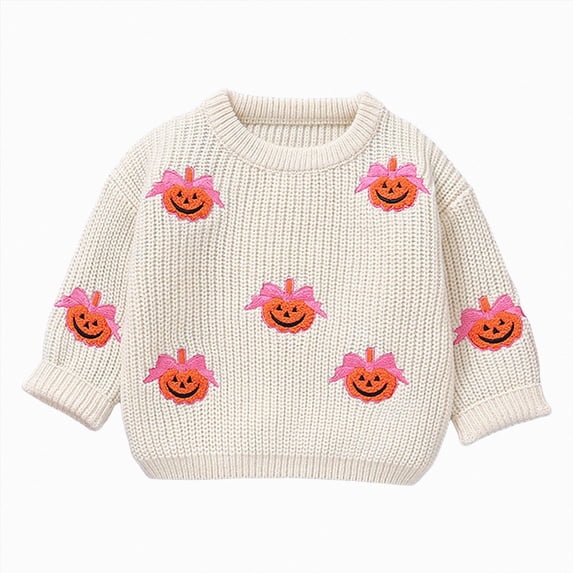 CAICJ98 Toddler Boy Girl Halloween Pumpkin Sweater Warm Pullover Sweatshirt Knitwear Knitted Fall Winter Baby Clothes (White,12-18 Months)