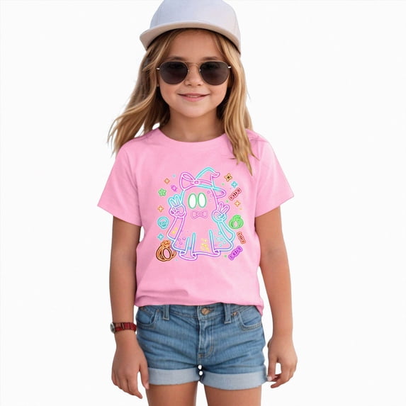 CAICJ98 Toddler Boy Girl Halloween Shirt Pumpkin Ghost Tshirt Spooky Outfits Short Sleeve Halloween Tshirts Kids (Pink,3-4 Years)