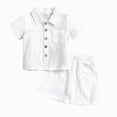 thumbnail image 1 of CAICJ98 Toddler Boys Girls 2Pcs Linen Clothes Set Button Down Short Sleeve Polo Shirt+Elastic Gauze Shorts Summer Outfit Toddler Boy Clothes (White,18-24 Months), 1 of 7