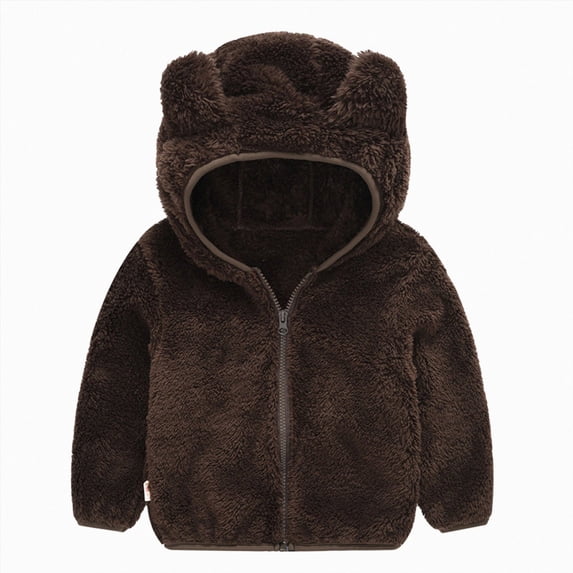 CAICJ98 Toddler Boys Girls Hooded Jacket Fleece Hoodie Winter Warm Solid Color Teddy Coat Baby Zip-up Bear Ear Sweater Fall Clothes (Brown,3-4 Years)