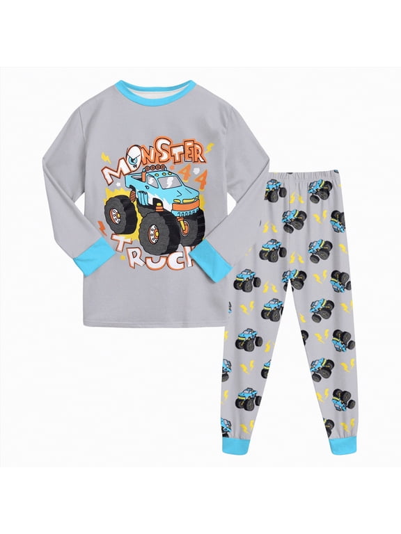 Toddler Boys Pajamas Monster Truck Cotton Kids Dinosaur 2 Piece Truck Pjs Sleepwear Boys' Clothing Sets (Grey,4-5 Years)