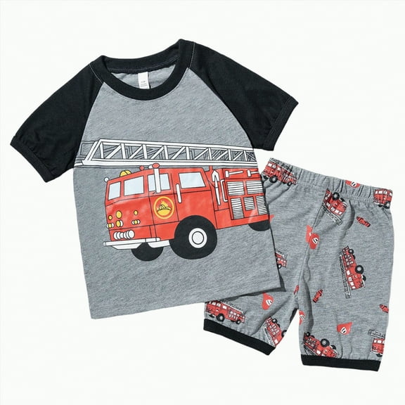 CAICJ98 Toddler Boys Pajamas Short Sets Fire Truck Cotton 2 Piece Pjs for Boys Excavator Sleepwear Summer Clothes Kids Jammies (3-4 T,Grey)