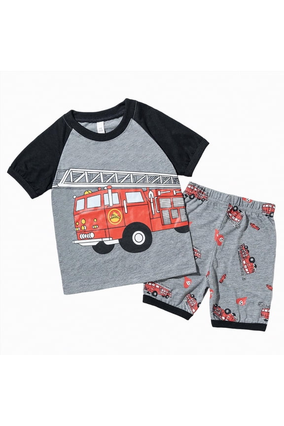 Toddler Boys Pajamas Short Sets Fire Truck Cotton 2 Piece Pjs for Boys Excavator Sleepwear Summer Clothes Kids Jammies (3-4 T,Grey)