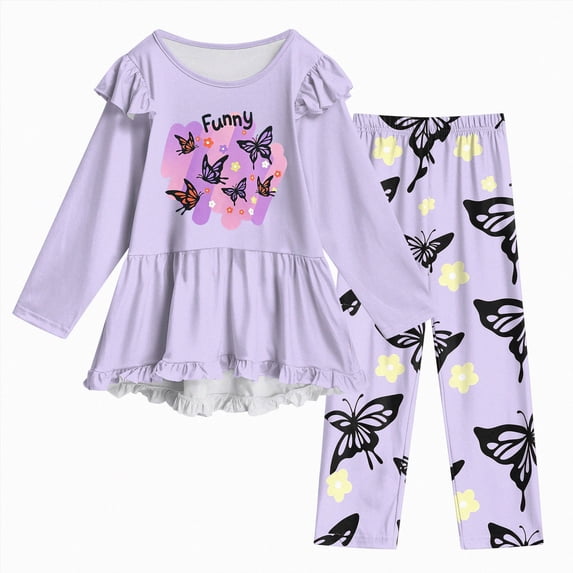 CAICJ98 Toddler Girl Clothes 2-8Y Girls Fall Winter Outfit 2Pcs Set Toddler Kids Clothes for Girls Ruffle Long Sleeve Shirt Top + Print Pants Outfits Little Girls' Clothing Set