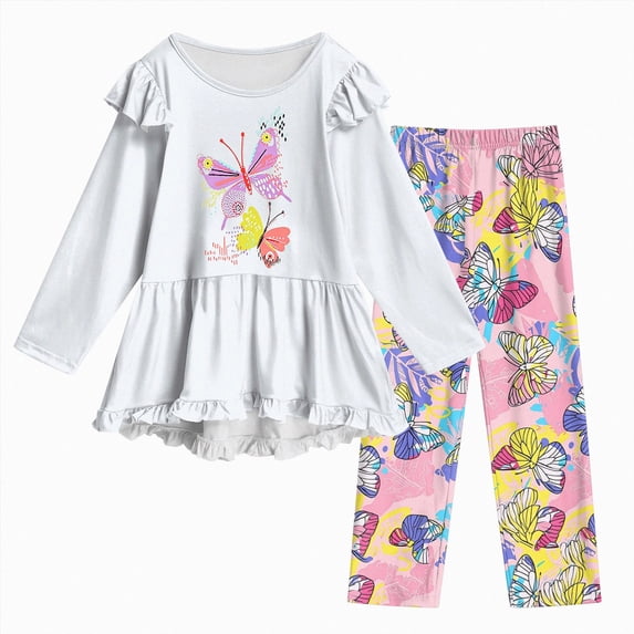 CAICJ98 Toddler Girl Clothes 2-8Y Girls Fall Winter Outfit 2Pcs Set Toddler Kids Clothes for Girls Ruffle Long Sleeve Shirt Top + Print Pants Outfits Little Girls' Clothing Set