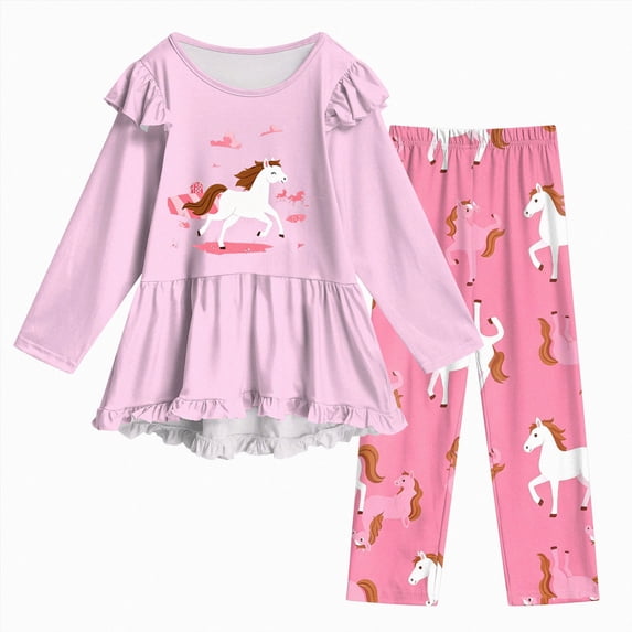 CAICJ98 Toddler Girl Clothes 2T 3T 4T 5T Kid Fall Outfit Ruffle Long Sleeve Shirt Top Print Pants Little Girls Winter Clothing Set, Size 2-8 Years