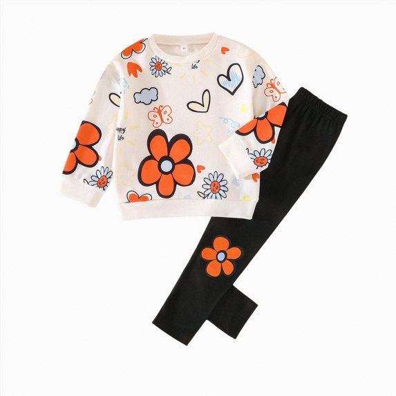CAICJ98 Toddler Girl Clothes Floral Printed Sweatshirt Pants 2Pcs Fall Outfits for Little Girls Winter Spring Clothing Set (Orange,3-4 Years)