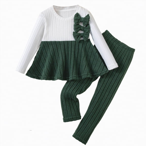 CAICJ98 Toddler Girl Clothes Sets Warm Ruffle Hem Ribbed Long Sleeve Sweatshirt with Bowknot Pants Sets Kids Toddler Girls Fall Winter Outfits,(Green,3-4 Years)