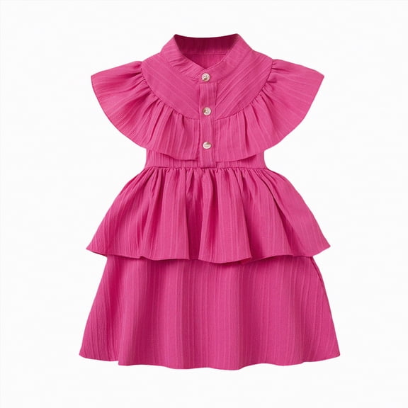 CAICJ98 Toddler Girl Cotton Linen Dress Sleeveless Ruffle Summer Dress Kids A Line Casual Elegant Dresses Clothes (2-3 Years,Hot Pink)